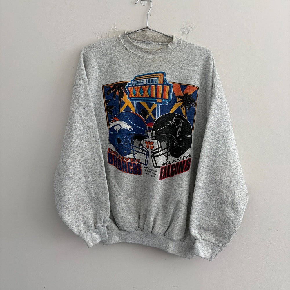 Vintage 1999 Super Bowl XXXIII Denver Broncos vs Atlanta Falcons Sweatshirt Grey